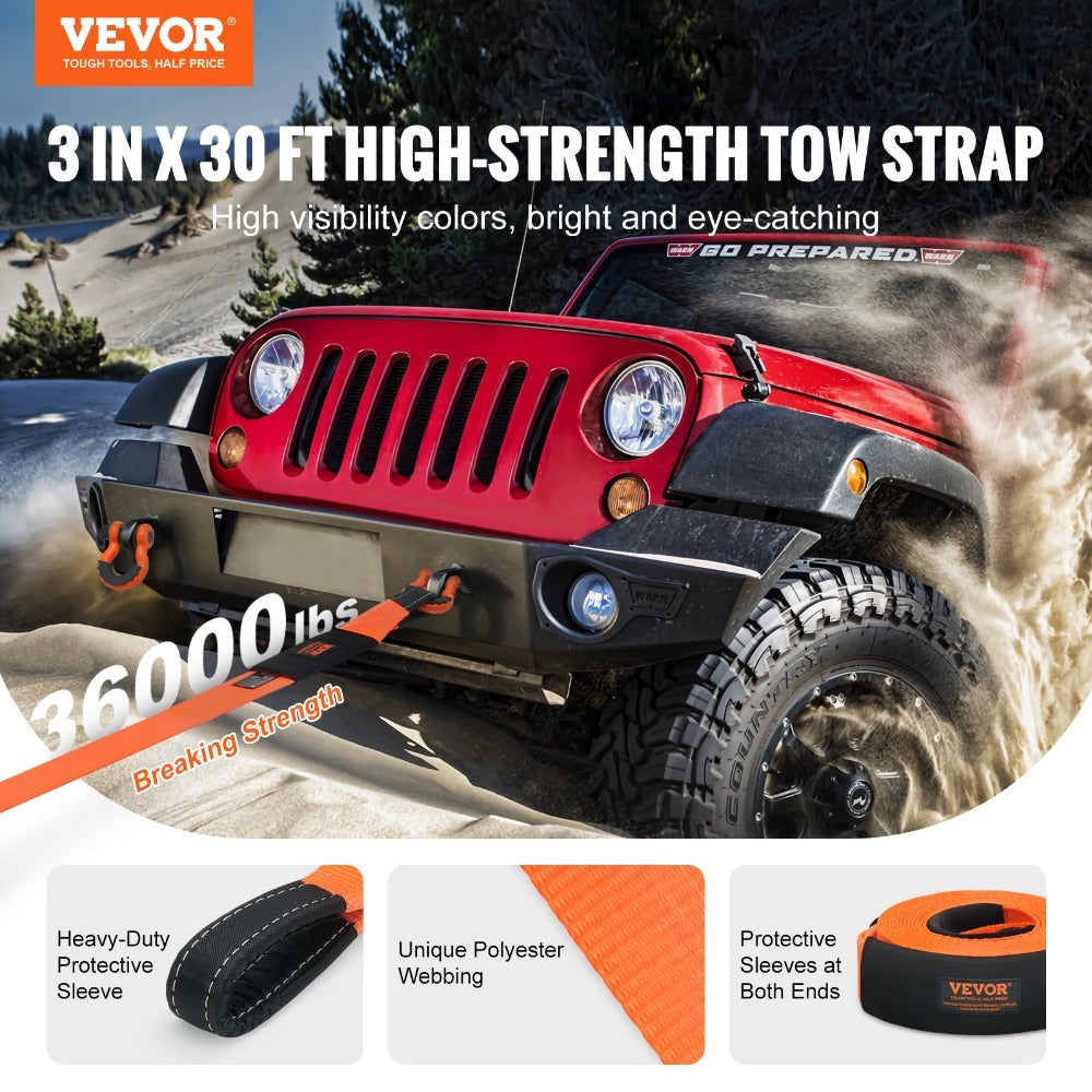 Tow Strap Recovery Kit 3 Inch x 30 ft 36000 lbs Breaking Strength Triple Reinforced Loop Protective Sleeves D-Ring Shackles Storage Bag for Truck Jeep SUV ATV Off Road
