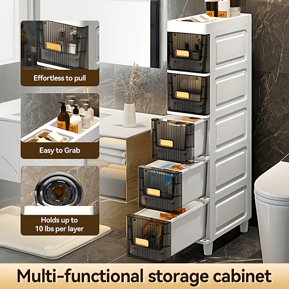 Slim Storage Cabinet with Drawers & Wheels - Waterproof PP Bathroom Kitchen Organizer, 3-5 Layer Tower Unit for Small Spaces