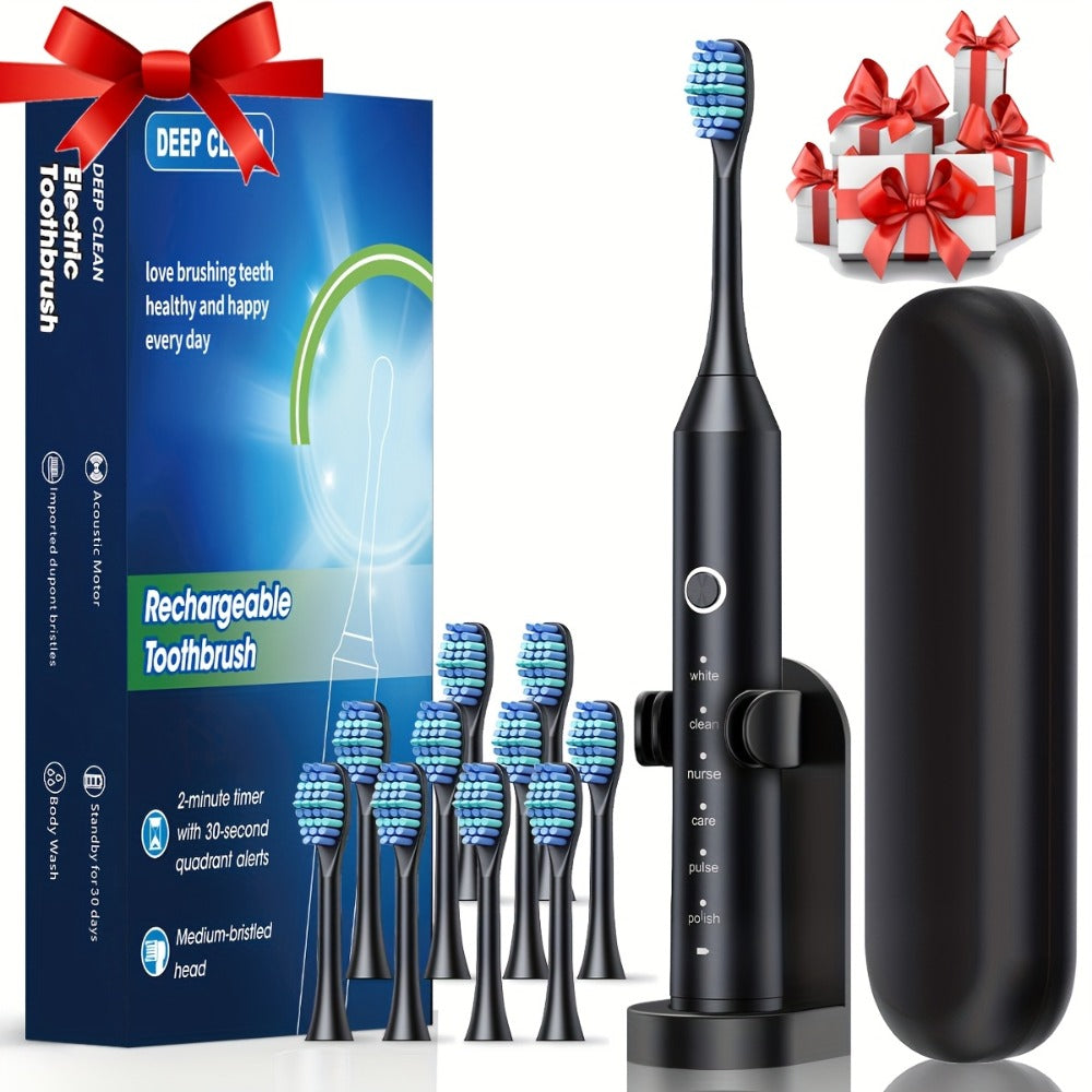 Rechargeable Toothbrush ¨C 6 Cleaning Modes, 500mAh Lithium Battery, USB Charging, Soft Bristles, 4 or 8 Brush Heads, Black White Pink Electric Toothbrush for Adults Deep Clean & Whitening