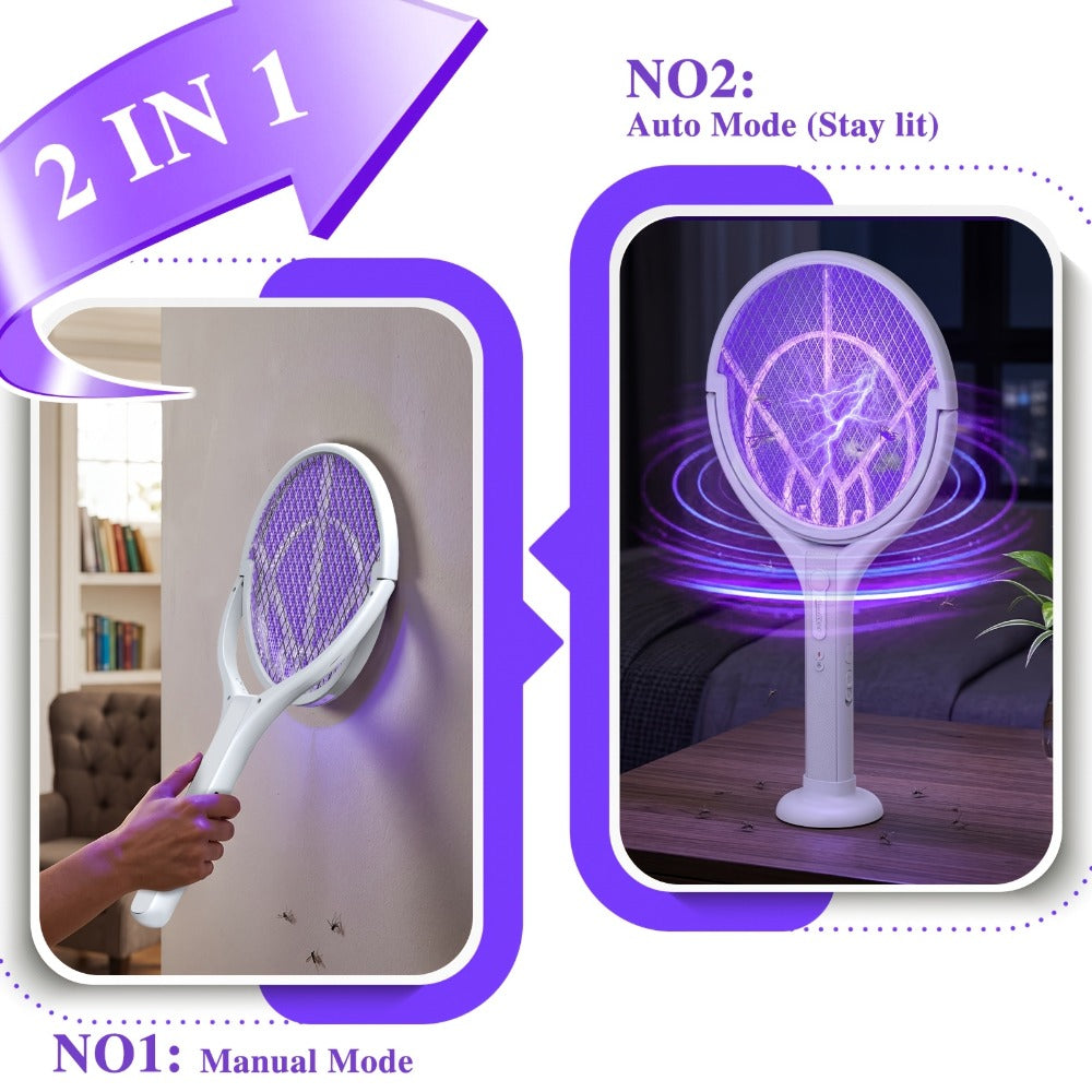 Electric Fly Swatter Racket 4000V ¨C Rechargeable Mosquito Killer Zapper with Auto One-Touch Kill, Detachable Head, USB Type-C Charging, Cordless Bug Zapper for Indoor & Outdoor Use, Pet-Safe Pest Control