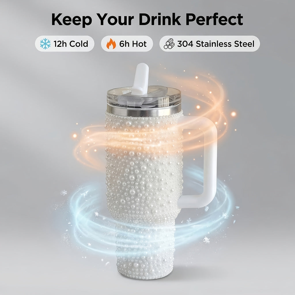 40oz Rhinestone Tumbler with Handle and Straw ¨C Stainless Steel Double Wall Insulated Cup | Pearl Glitter Travel Mug for Sublimation Outdoor Sports Camping Holiday Gift