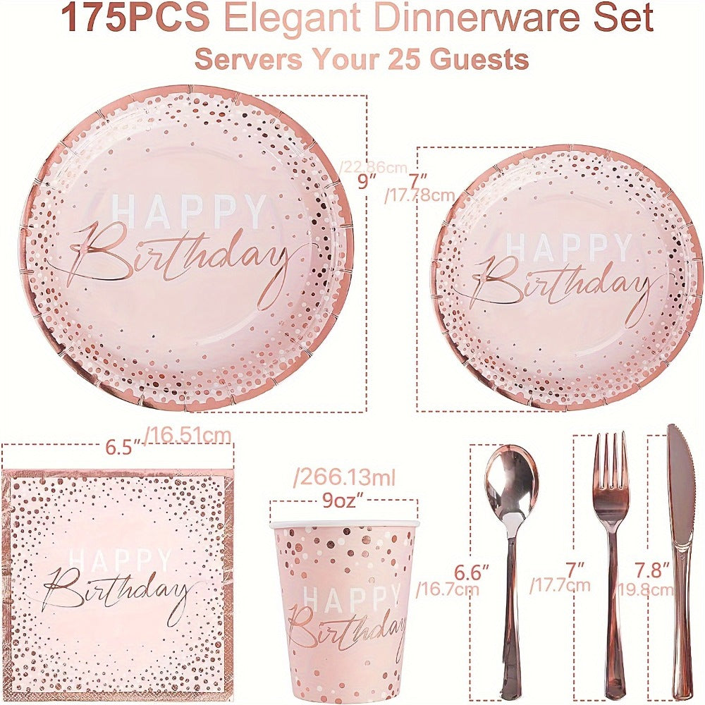 Birthday Party Plates and Napkins Set 175pcs Pink Rose Gold Disposable Tableware Forks Knives Spoons Serves 25 Guests Girl Birthday Party Supplies