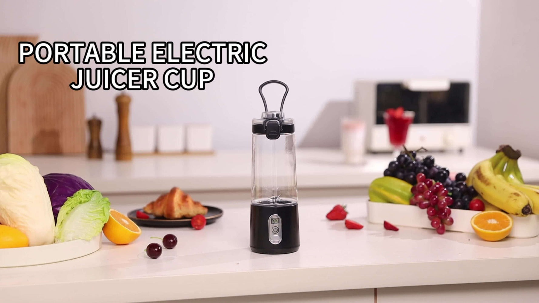 Portable Smoothie Blender USB-C Fast Charge 6-Blade Stainless Steel ¨C Digital Timer Battery Display High-Speed Ice Crush No-Spill Lid | Protein Shake Gym Travel Blender in Black Pink White