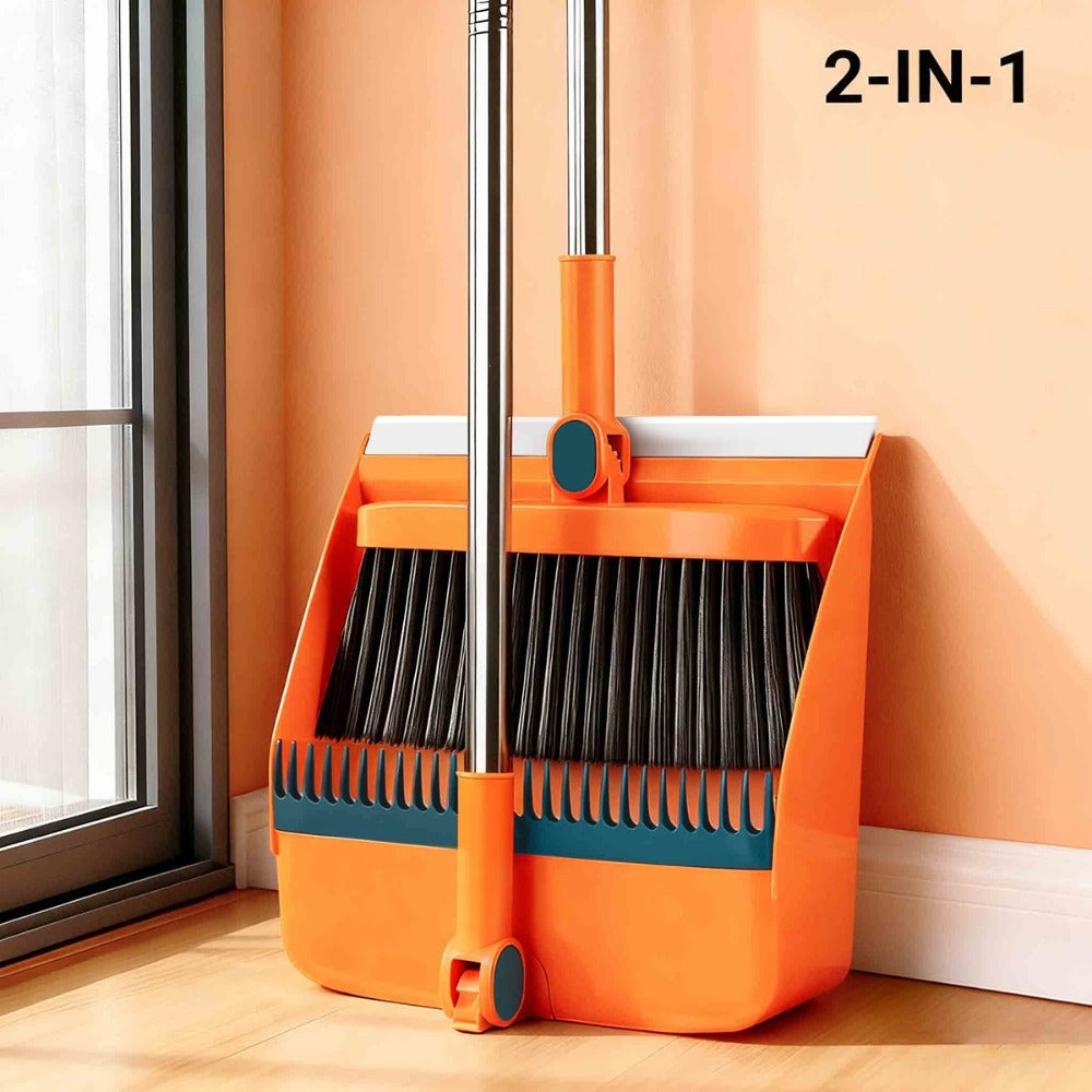 Broom and Dustpan Set with Long Handle - 2-in-1 3-in-1 4-in-1 Foldable Broom Dustpan Combo with Floor Brush for Home Office Dorm Room, Quick Dust Removal Household Cleaning Tool Set, White Pink Blue Orange Purple Grey