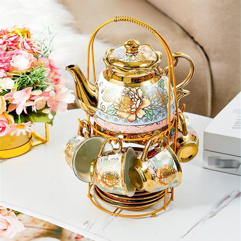 European Floral Ceramic Tea Set 20 Pcs ¨C Italian Style Afternoon Tea Set with Metal Stand ¨C Blooming Pattern Teapot & Cups ¨C Elegant Gift for Tea Lovers & Special Occasions ¨C Golden