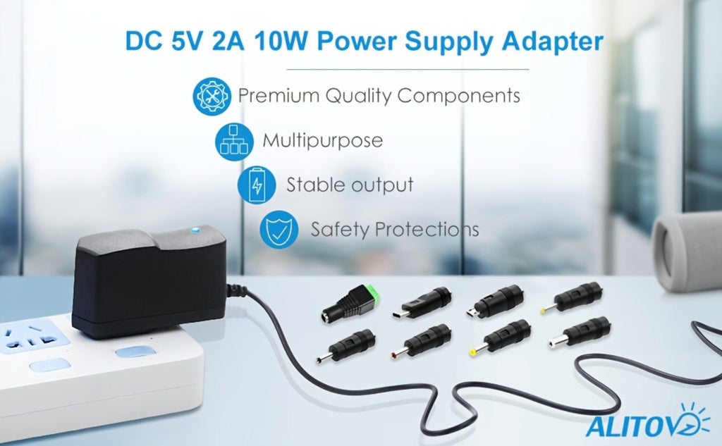 Universal 5V 2A Power Adapter 9-in-1 with 8 Tips - AC/DC 10W Power Supply Type-C Micro-USB Barrel Connectors for Router CCTV LED Strip TV Box