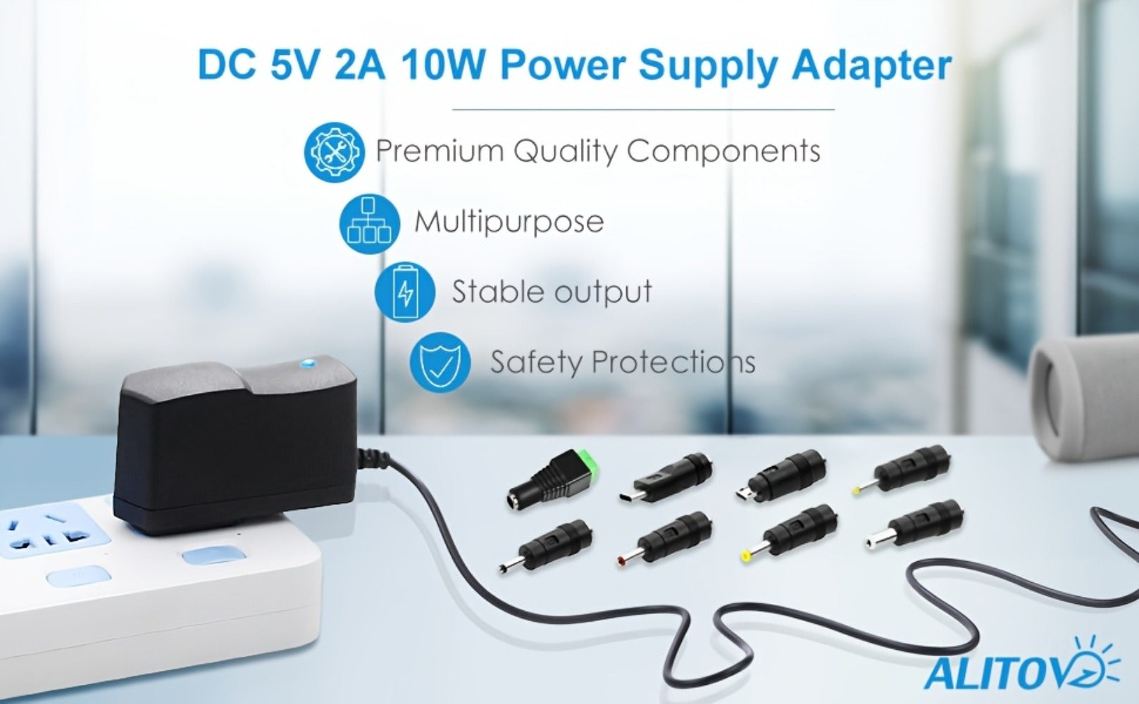 Universal 5V 2A Power Adapter 9-in-1 with 8 Tips - AC/DC 10W Power Supply Type-C Micro-USB Barrel Connectors for Router CCTV LED Strip TV Box