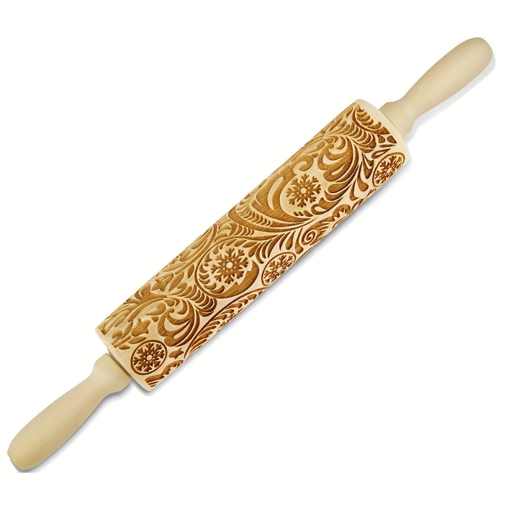 Embossed Wooden Rolling Pin with Engraved Pattern, Decorative Patterned Rolling Pin for Cookie Baking, Christmas Snowflake Flower Design Dough Roller for Fondant Pie Pastry, Baking Gift Kitchen Tool