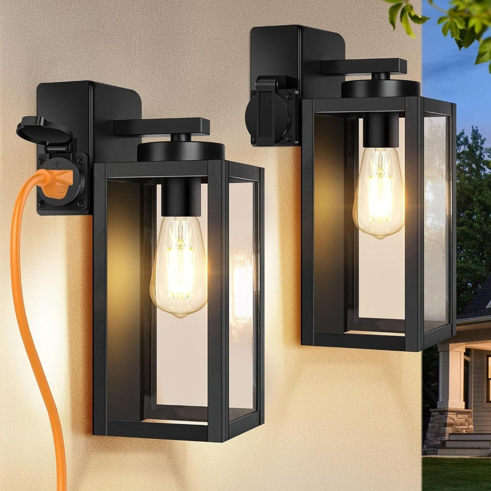 Outdoor Wall Light with Outlet 2-Pack - Modern Exterior Porch Wall Sconce Lighting Fixture for Front Door, Garage & Patio, Weather Resistant, Black & Oil-Rubbed Bronze Finish
