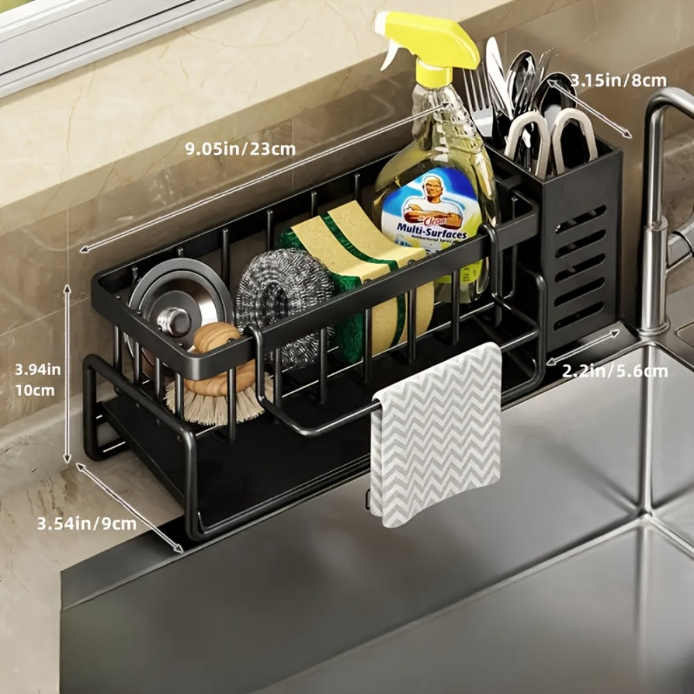 Kitchen Sink Organizer Sponge Holder with Self-Draining Tray Removable Rag Rod Carbon Steel Countertop Storage Rack for Sponges Brushes Soap Bathroom