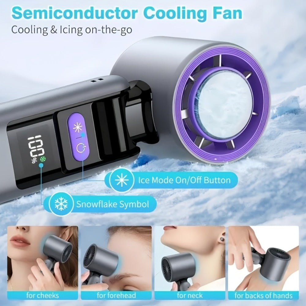 Handheld Ice Pack Fan High-Speed Semiconductor Cooling | 100-Speed Digital Display Turbo Fan with LED Light, Foldable Portable Design for Outdoor, Travel & Daily Use ¨C Purple, Beige, Pink, Black & White