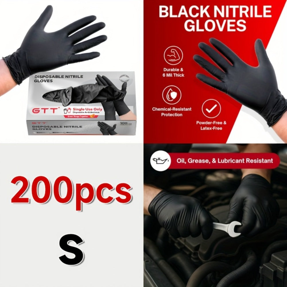 Nitrile Disposable Gloves 200 Count, Black Latex-Free Powder-Free Exam Gloves, Touchscreen Compatible, Chemical Resistant, Flexible Form-Fitting for Kitchen Automotive Industrial Medical Use, S M L XL