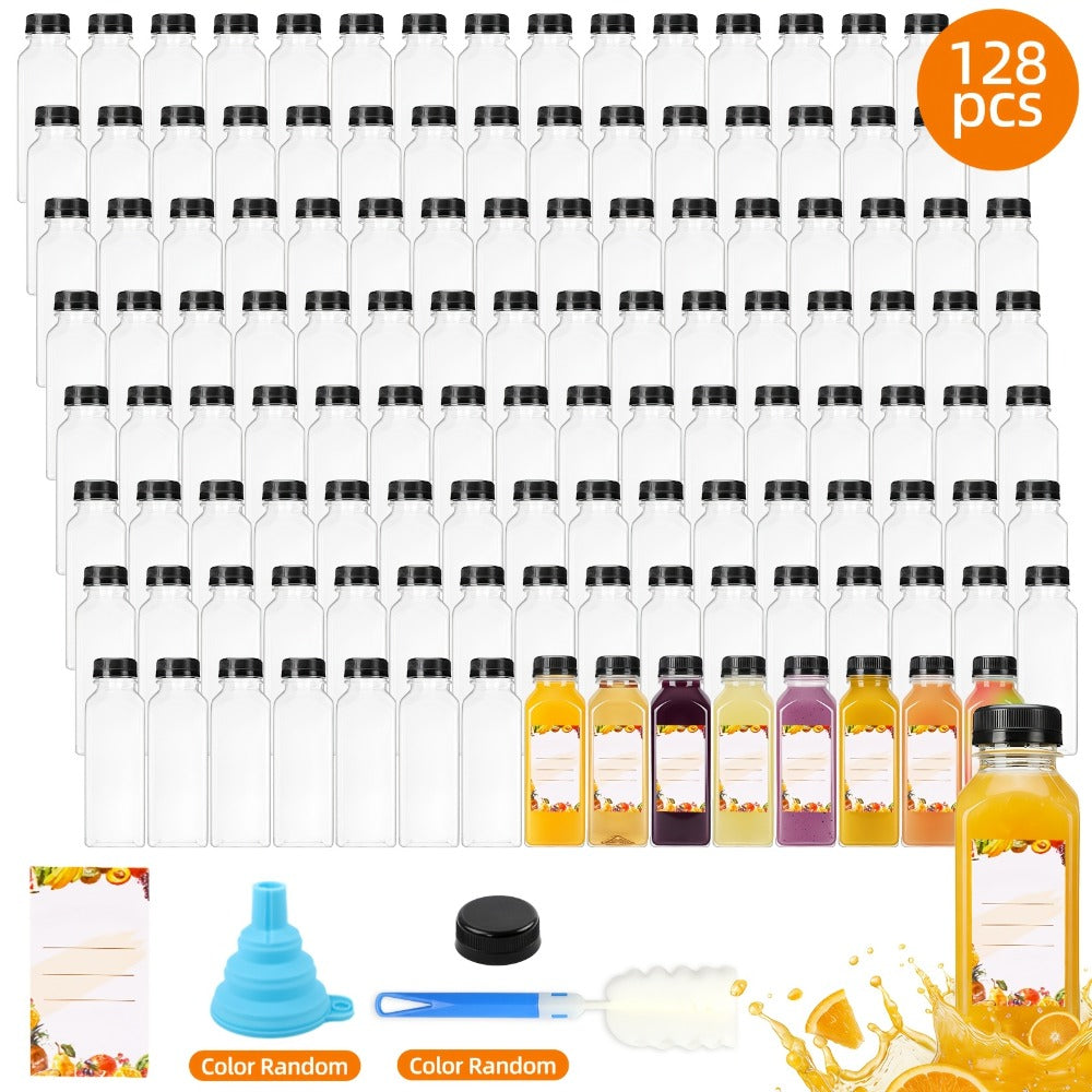 Plastic Juice Bottles with Caps 128pcs Bulk - Clear Reusable Beverage Bottles with Lids for Juice Smoothies Party Gatherings Outdoor Events Includes Funnel & Brush