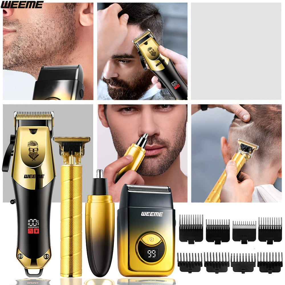 Men's Grooming Kit USB Rechargeable Hair Clipper Set with Nose Trimmer Electric Shaver Detail Trimmer 8 Limit Combs Professional Haircut Kit Father's Day Christmas Gift Gold