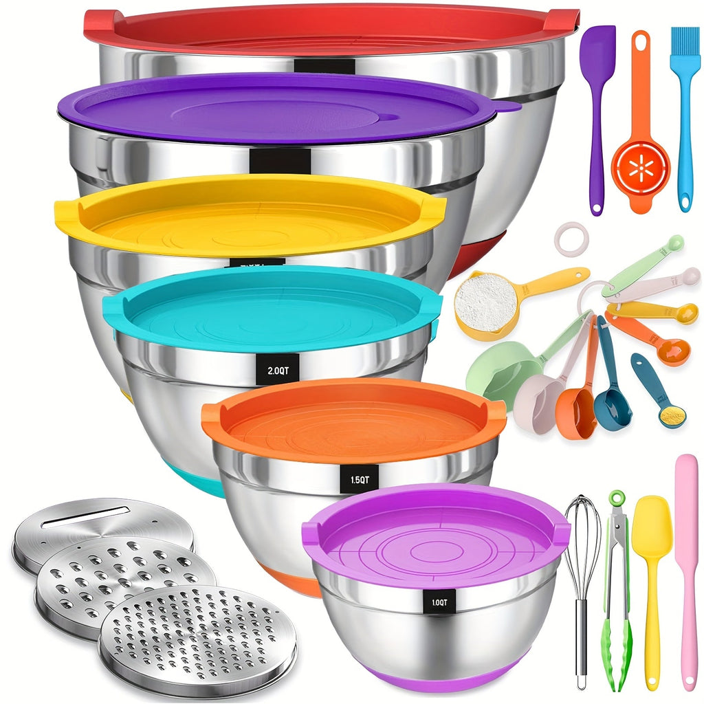 Mixing Bowls Set with Airtight Lids ¨C 26pcs Stainless Steel Bowl Set with 3 Grater Attachments, Non-Slip Bottoms, Sizes 1¨C7QT ¨C Kitchen Bowls for Mixing, Serving, Baking & Meal Prep