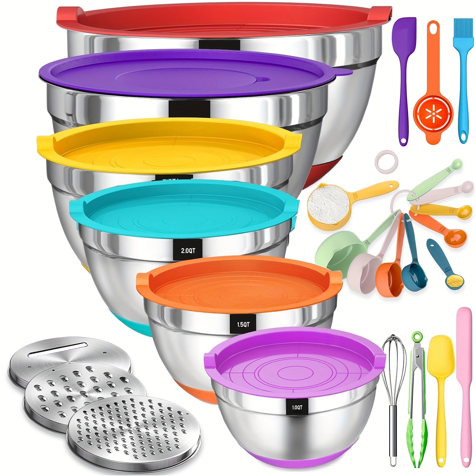 Mixing Bowls Set with Airtight Lids ¨C 26pcs Stainless Steel Bowl Set with 3 Grater Attachments, Non-Slip Bottoms, Sizes 1¨C7QT ¨C Kitchen Bowls for Mixing, Serving, Baking & Meal Prep
