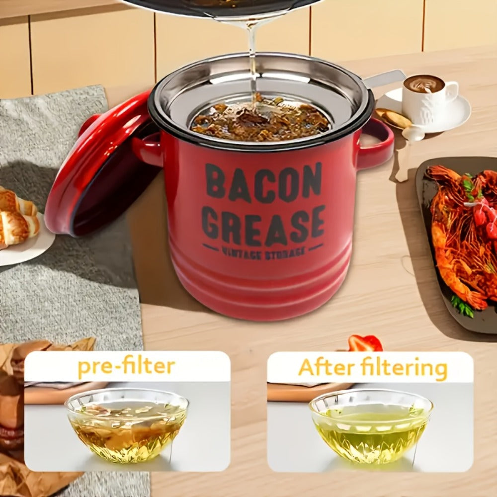 Bacon Grease Container with Lid, Large Capacity Grease Storage Can with Heat-Resistant Filter, Silicone Spatula & Cleaning Sponge Set, Flip-Top Oil Holder for Kitchen Household Use
