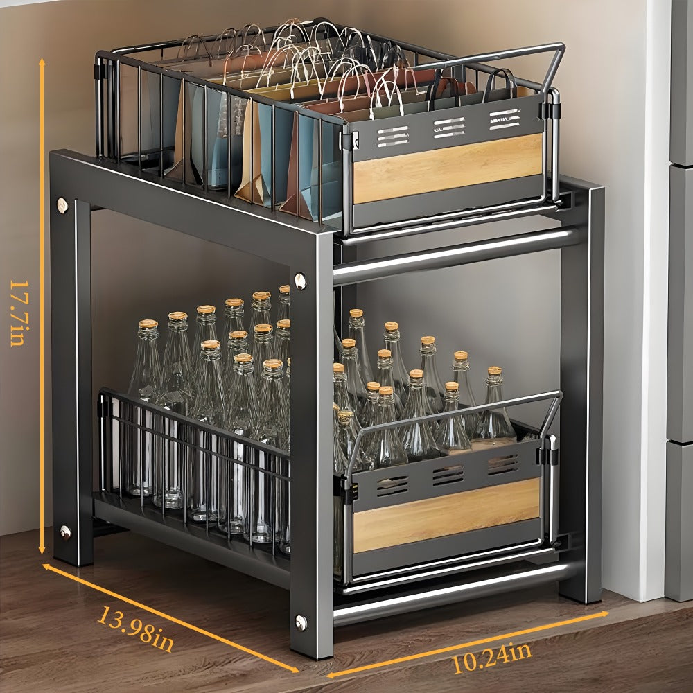 Under Sink Organizer Pull-Out Storage Rack - 2-Tier Carbon Steel Cabinet Shelf with Wire Baskets & Wood Accents, Space-Saving Kitchen Organizer for Dishes, Cleaning Supplies, Pantry, Bathroom