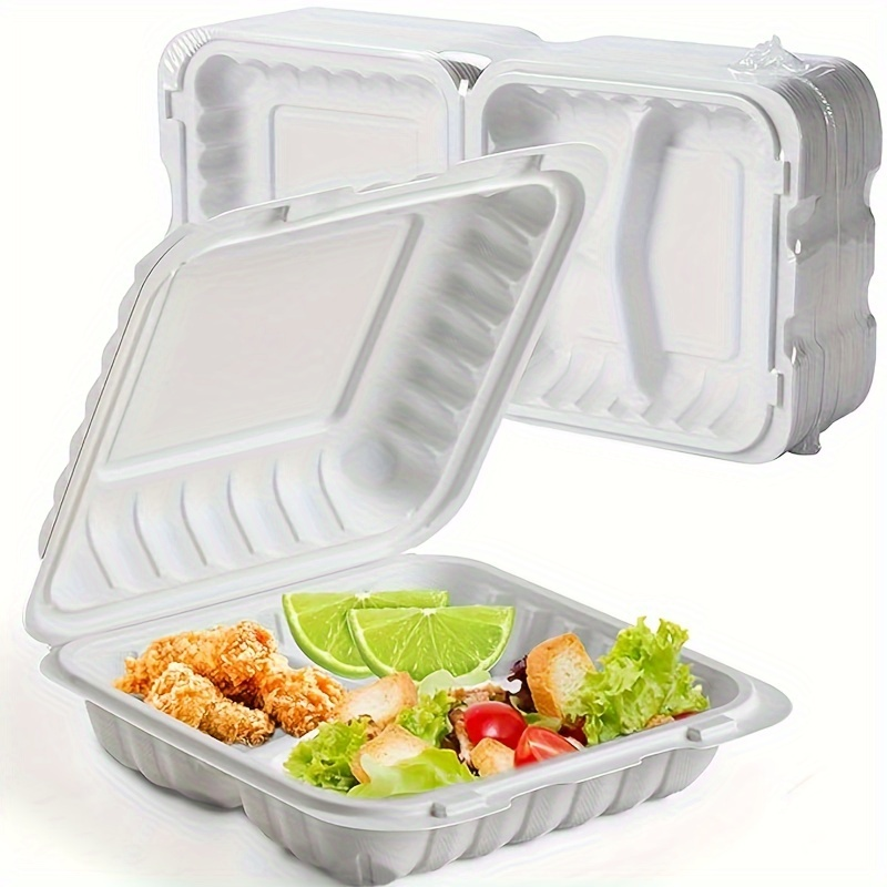 Disposable Food Containers Take Out Boxes with Lids - 7¡± 8¡± 9¡± Plastic Clamshell Meal Prep Containers BPA Free 1 & 3 Compartment Heavy Duty Reusable White