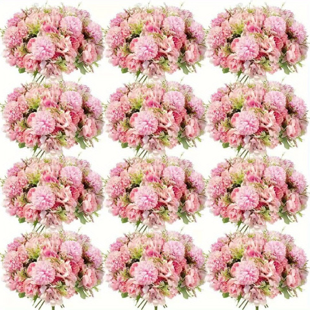 Artificial Peony Flowers 12 Bundles - Faux Peony & Hydrangea Bouquet for Wedding Centerpiece, Table Floral Arrangement, Vase Decor, Home & Holiday Decoration (Blue White, Pink, Purple, White, Green)