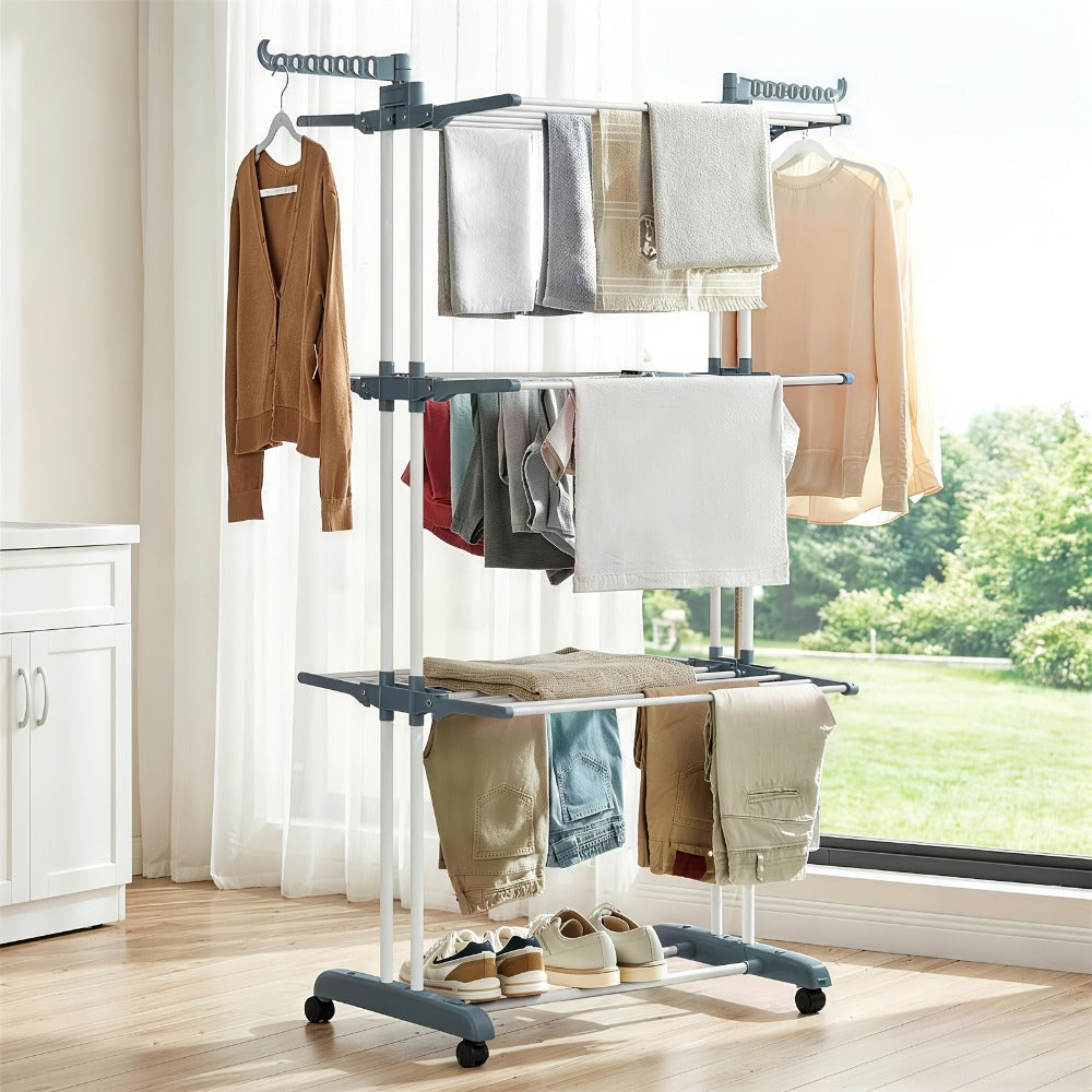 Clothes Drying Rack 4-Tier Foldable Metal Laundry Rack with Rolling Casters, Holds 30+ Garments, Adjustable Shelf Heights, Freestanding Collapsible Clothes Dryer Stand for Bedroom Bathroom Nursery Small Spaces