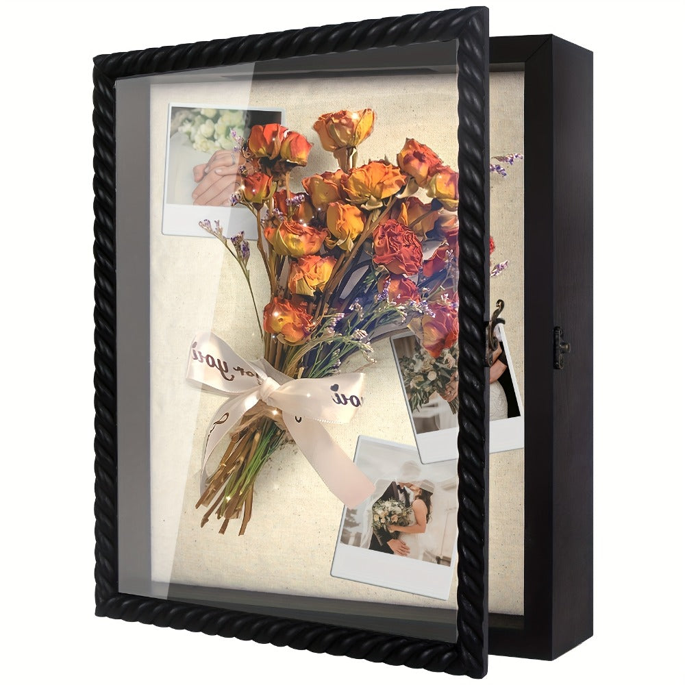 Shadow Box Frame with Linen Back ¨C Large Rustic Memory Display Case 11x14 & 12x16 Inch for Photos, Medals, Coins, Pins, Flowers & Collectibles, 4 Removable Shelves, Black White Brown