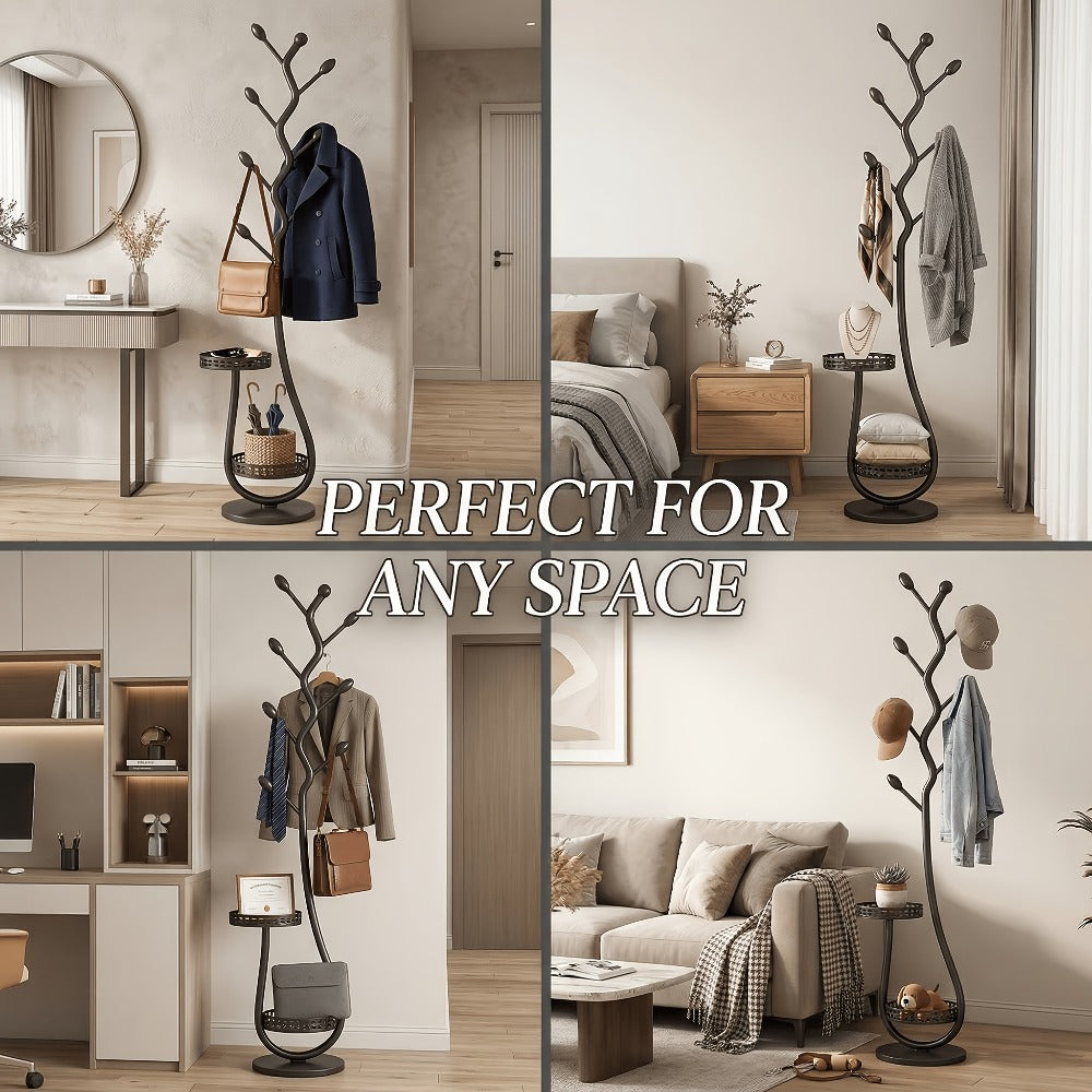 Clothing Rack with Shelf Freestanding Metal Garment Rack - Standalone Vertical Clothes Organizer with Coat Hat Hooks, Easy Mobility Wheels, Home Bedroom Closet Storage for Coats Scarves Hats