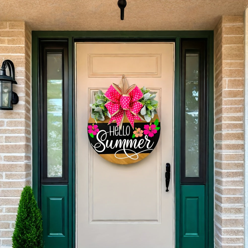 Summer Door Hanger for Front Door - Hello Summer Spring Wreath All Season Door Decor Farmhouse Hanging Sign for Home Porch Entryway Indoor Outdoor Wall Decoration