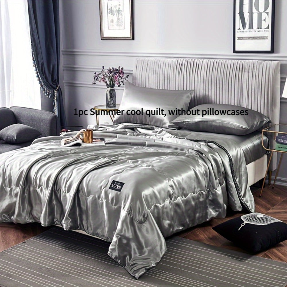 Cooling Satin Quilt Summer Comforter Ultra-Soft Breathable Lightweight Blanket, Machine Washable Satin Weave Bedspread for Home Dorm Hotel, Twin Full Size, White Silvery Grey Pink Lake Blue