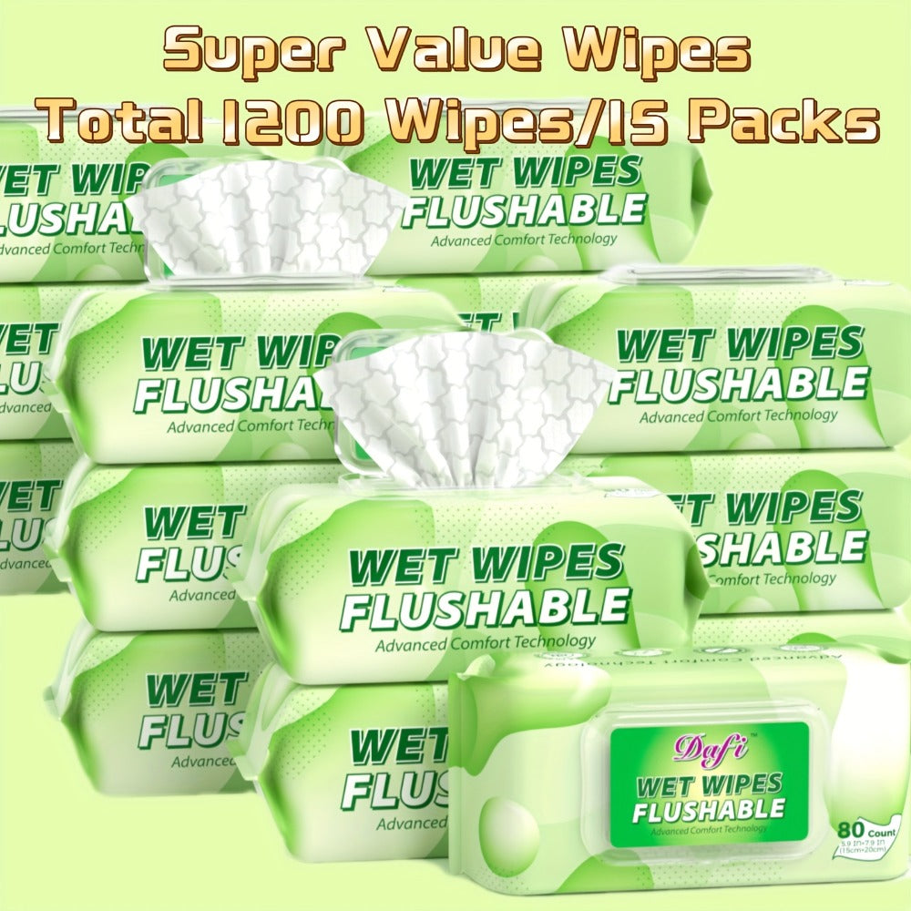 Flushable Wipes for Adults 1200 Count 15 Packs Unscented Toilet Wipes No Alcohol 100% Plant Based Fibers Septic Safe Sewer Safe Wet Wipes Bulk Value Pack for Sensitive Skin Personal Hygiene
