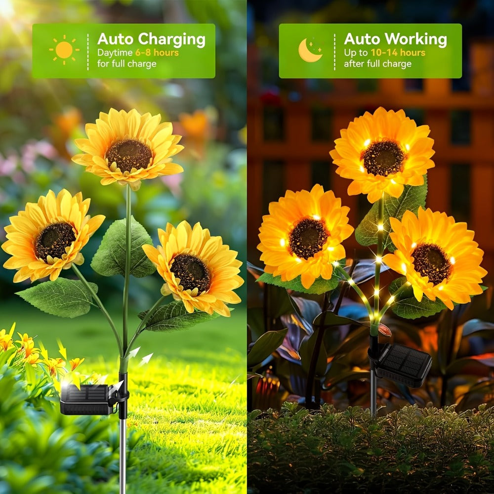 Solar Sunflower Garden Stake Lights 4 Pack | 12 Lifelike LED Flowers IP44 Waterproof Auto On Off | Floral Path Lighting for Patio Yard Porch with 8 Clip-On Butterfly Accessories