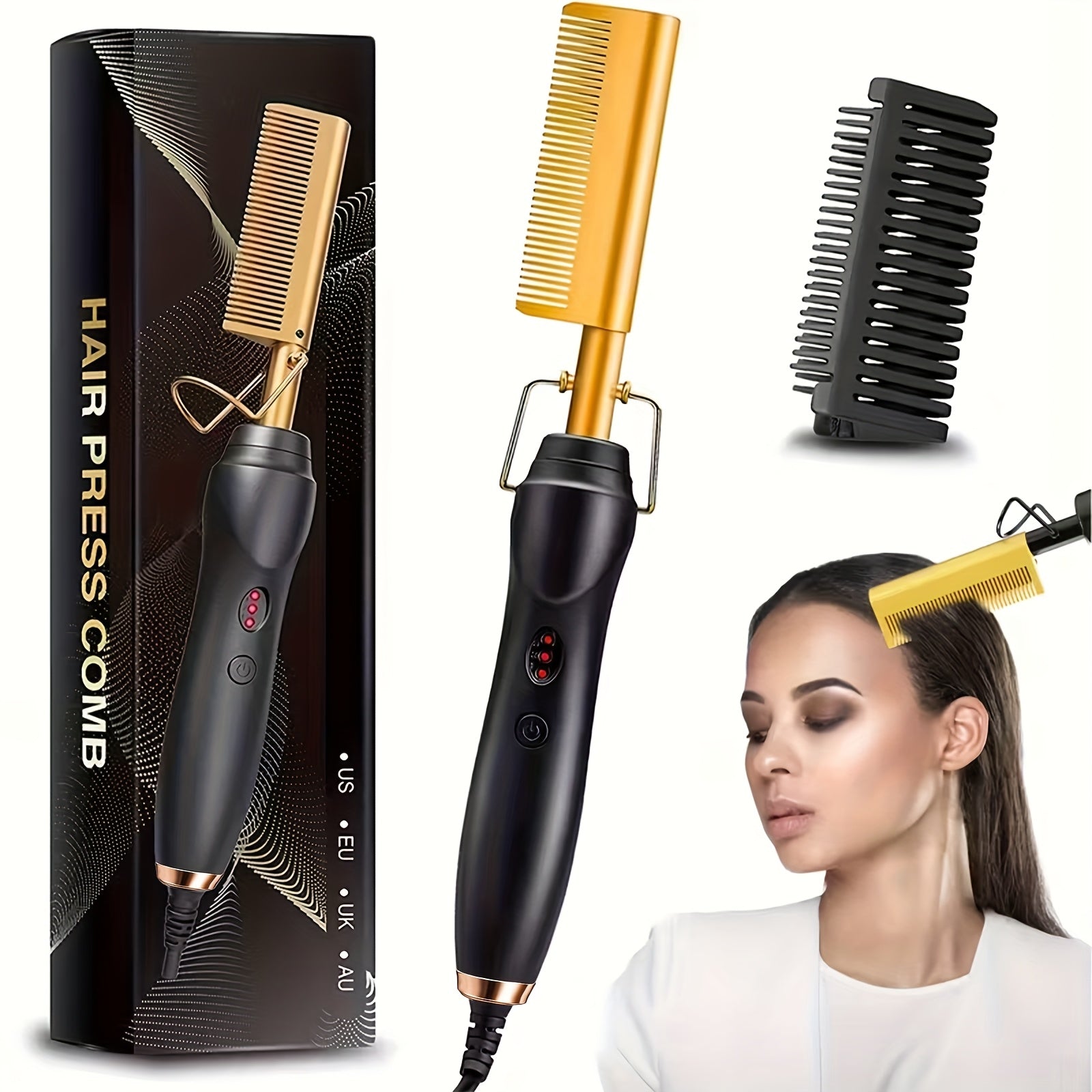 Electric Hot Comb Hair Straightener ¨C 3-in-1 Ceramic Pressing Comb for Natural Hair, Beard & Wigs, Curling & Straightening Iron with Protective Holder, Bonus 2 Clips & 1 Comb, Gift Ready