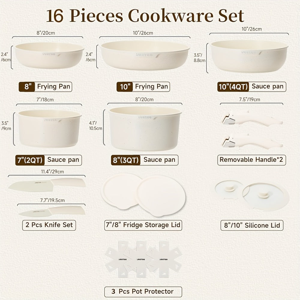 Detachable Handle Cookware Set 16 & 26 Piece Non-Stick PFOA-Free ¨C Stackable Space-Saving Pots and Pans | Oven Safe 480¡ãF Induction Compatible | RV Camping Kitchen Cooking Set in Black & Beige