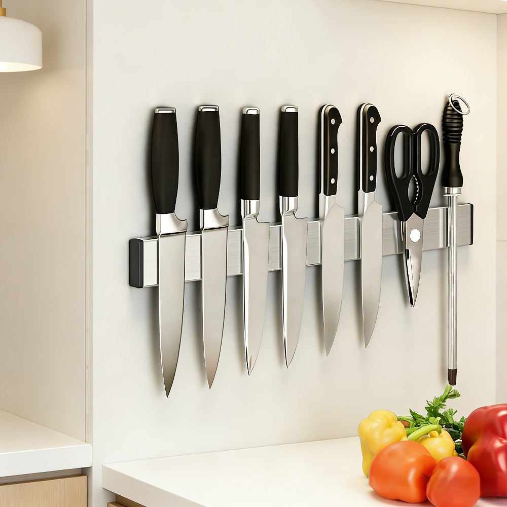 Magnetic Knife Holder Wall Mounted ¨C Stainless Steel Punch-Free Knife Strip Rack for Kitchen, Holds Chef Knife Santoku Bread Knife, No-Drill Knife Bar for Home Restaurant Kitchen Organization