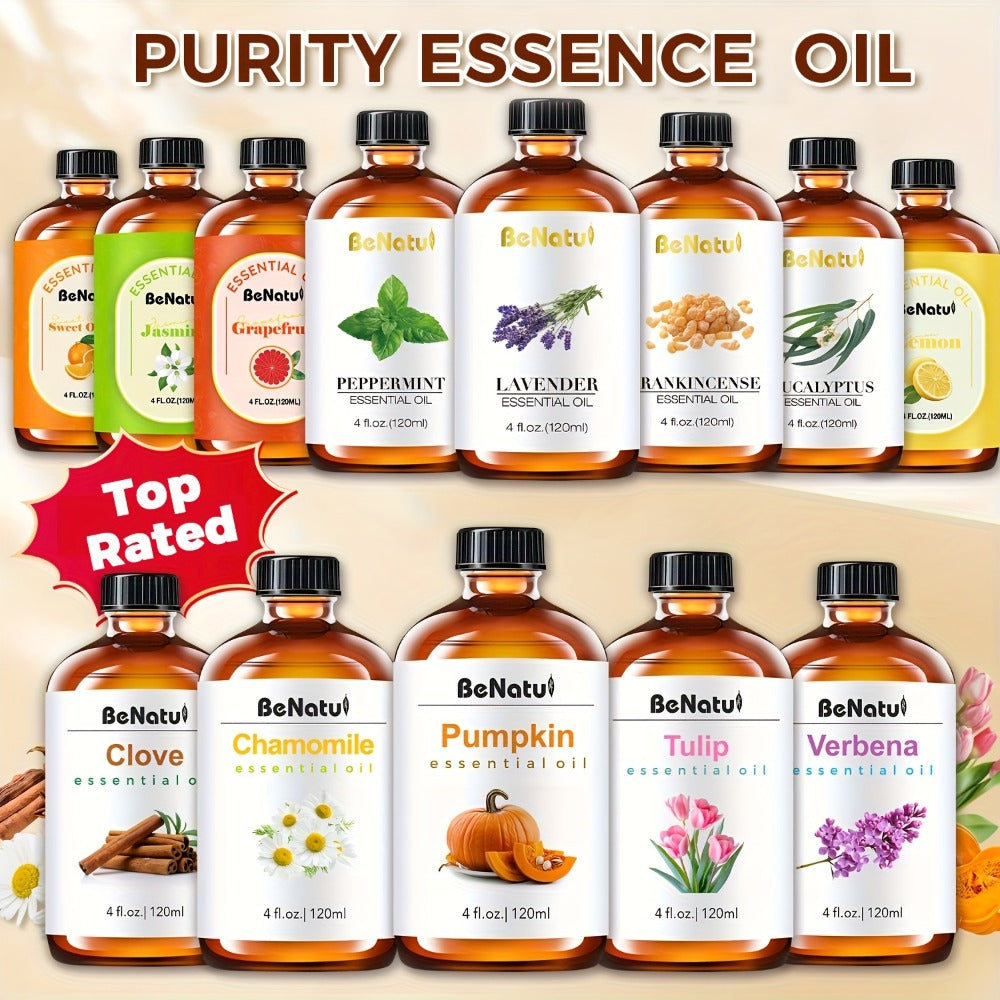 Essential Oil 120ml 4oz Pure Aromatherapy Oils for Diffuser Humidifier Candle Soap Making Lavender Peppermint Eucalyptus Frankincense Lemon Rosemary Lemongrass Vanilla Argan