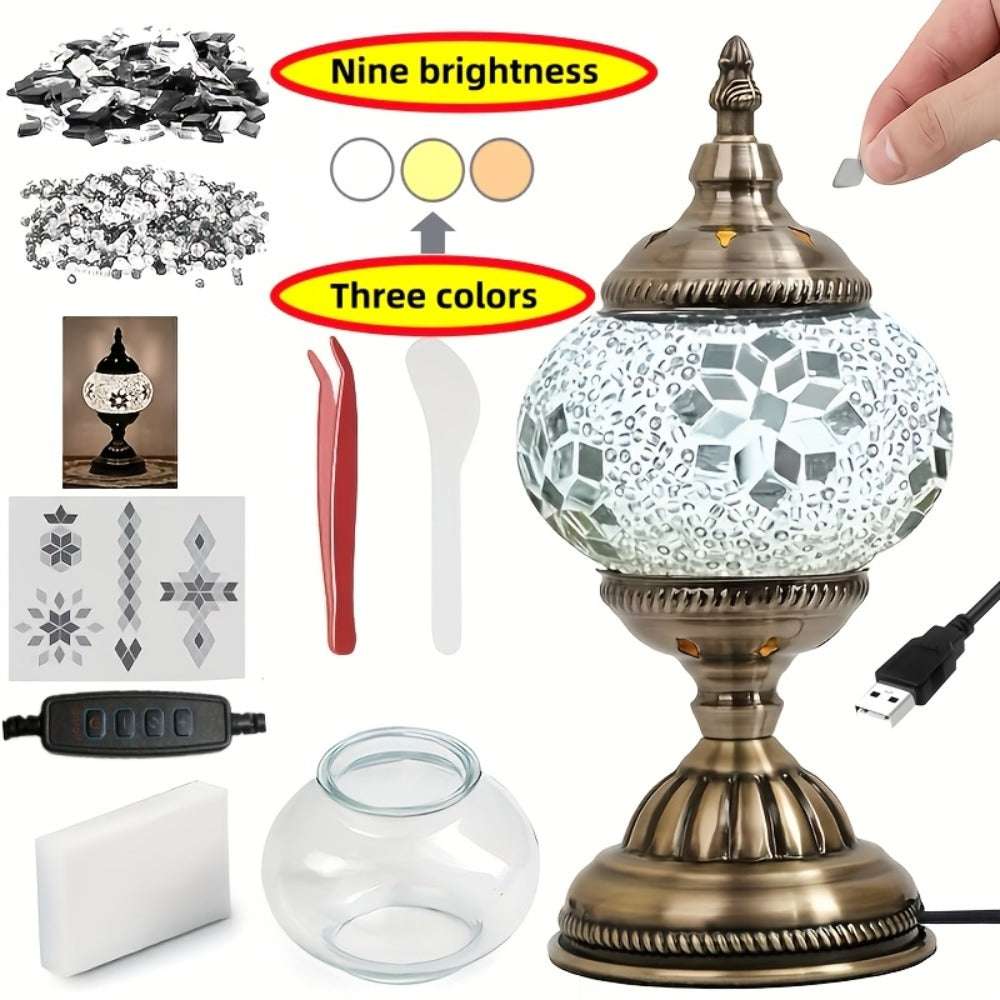 DIY Turkish Moroccan Mosaic Lamp Kit Handmade Glass Metal Brass Dimmable Bohemian Table Light for Bedroom Living Room Office Vintage Boho Decor Gift Multiple Colors 3-Color Adjustable Option