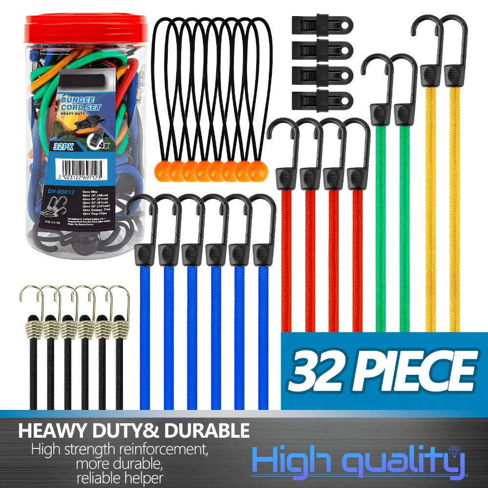 Bungee Cords Assortment 32pcs with Hooks 10 18 24 32 40 Inch Tarp Ball Ties and Tarp Clips Canopy Tie Down Kit for Camping Outdoor Moving Cargo Securing