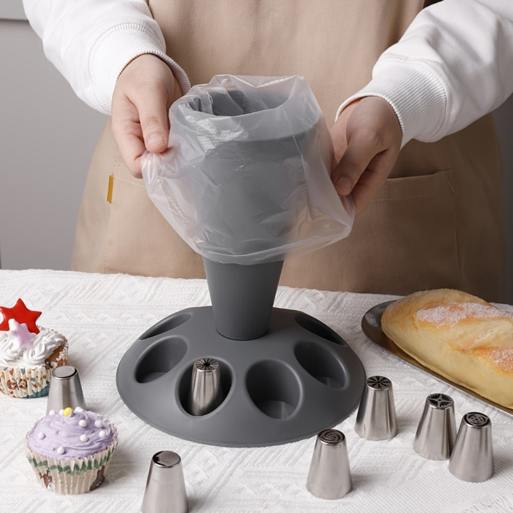 Piping Bag Holder Set 17pcs, Multi-Bag Icing Stand with Various Nozzle Tips for Cake Decorating, Cupcake Frosting, Cookie Decorating, Baking Accessories for Professional and Home Bakers