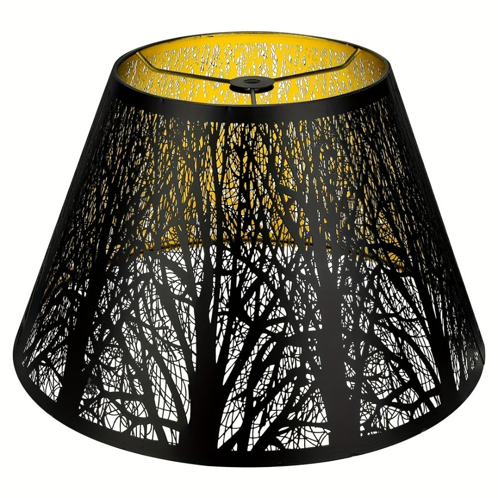 Metal Lampshade Etched Forest & Leaf Design | Black Exterior Gold Interior | Barrel Lamp Shade for Table Lamp & Floor Lamp | Medium Large Decorative Lampshade 7x13x7.8 inch