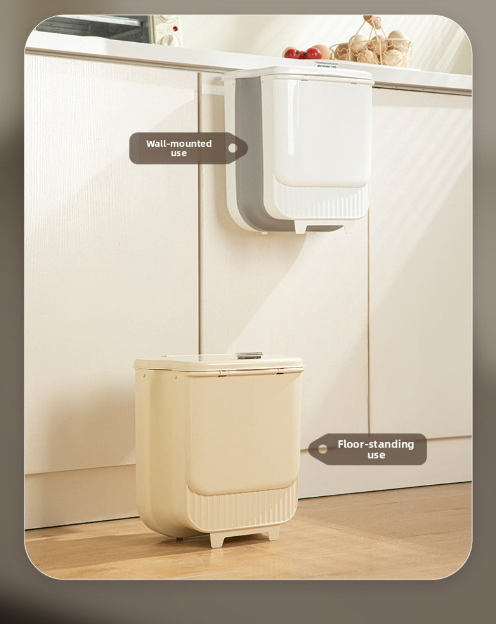 Collapsible Trash Can with Lid Wall Mounted Cabinet Door Hanging Waste Bin 1.85 Gallon Kitchen Bathroom Odor Control Space Saving Garbage Can