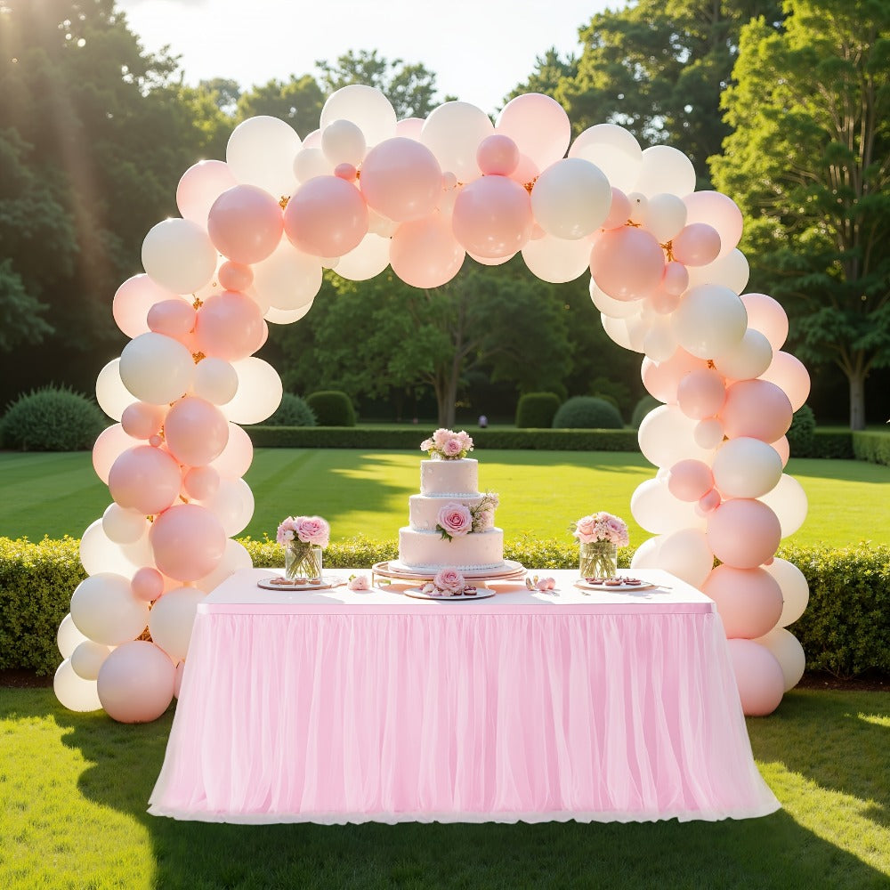 Pink Tutu Table Skirt 6ft ¨C Ruffle Tulle Table Skirt for Rectangle & Round Tables, Princess Girls Birthday Party, Cake Dessert Table Decor, Gold Brim, Multiple Colors Available