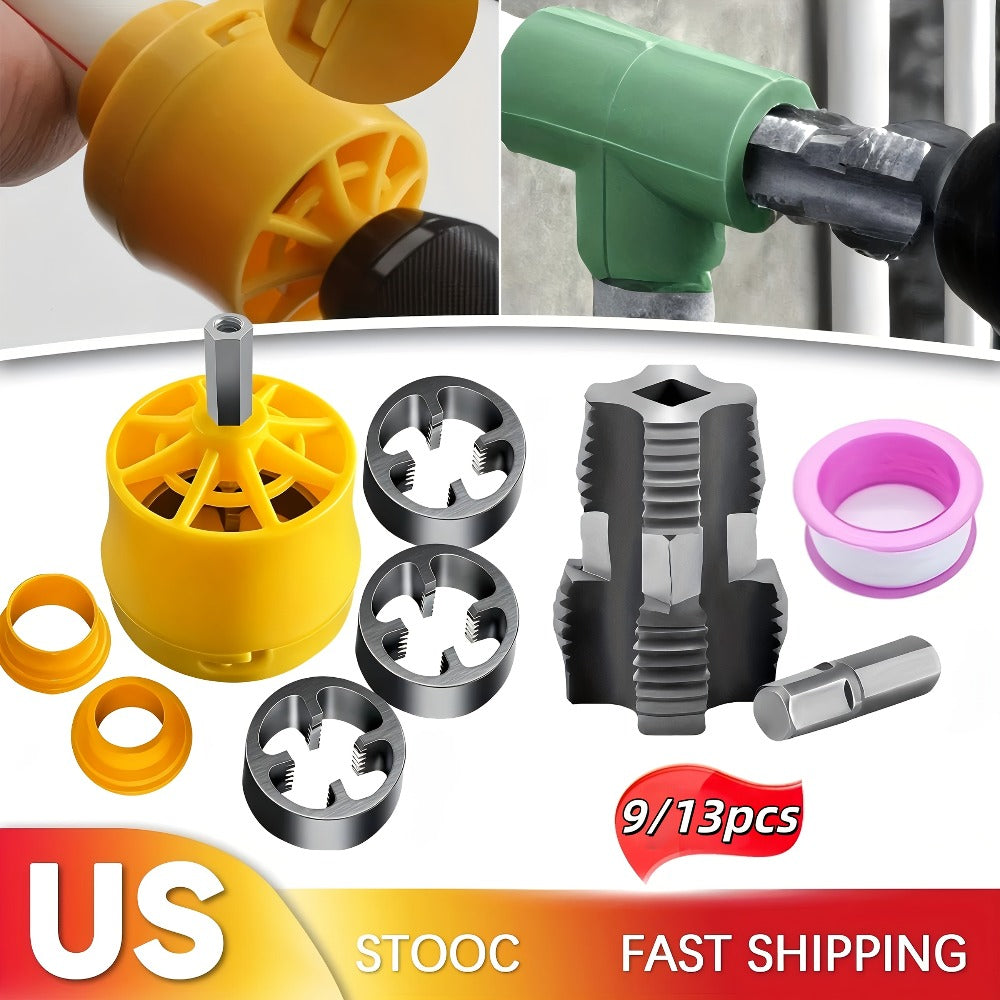 Pipe Threading Set 9 & 13-Piece ¨C Power Drill Water Pipe Thread Dies for 1/2¡±, 3/4¡± & 1¡± Inside & Outside Threading, Professional Plumbing Pipe Threader Tool Kit