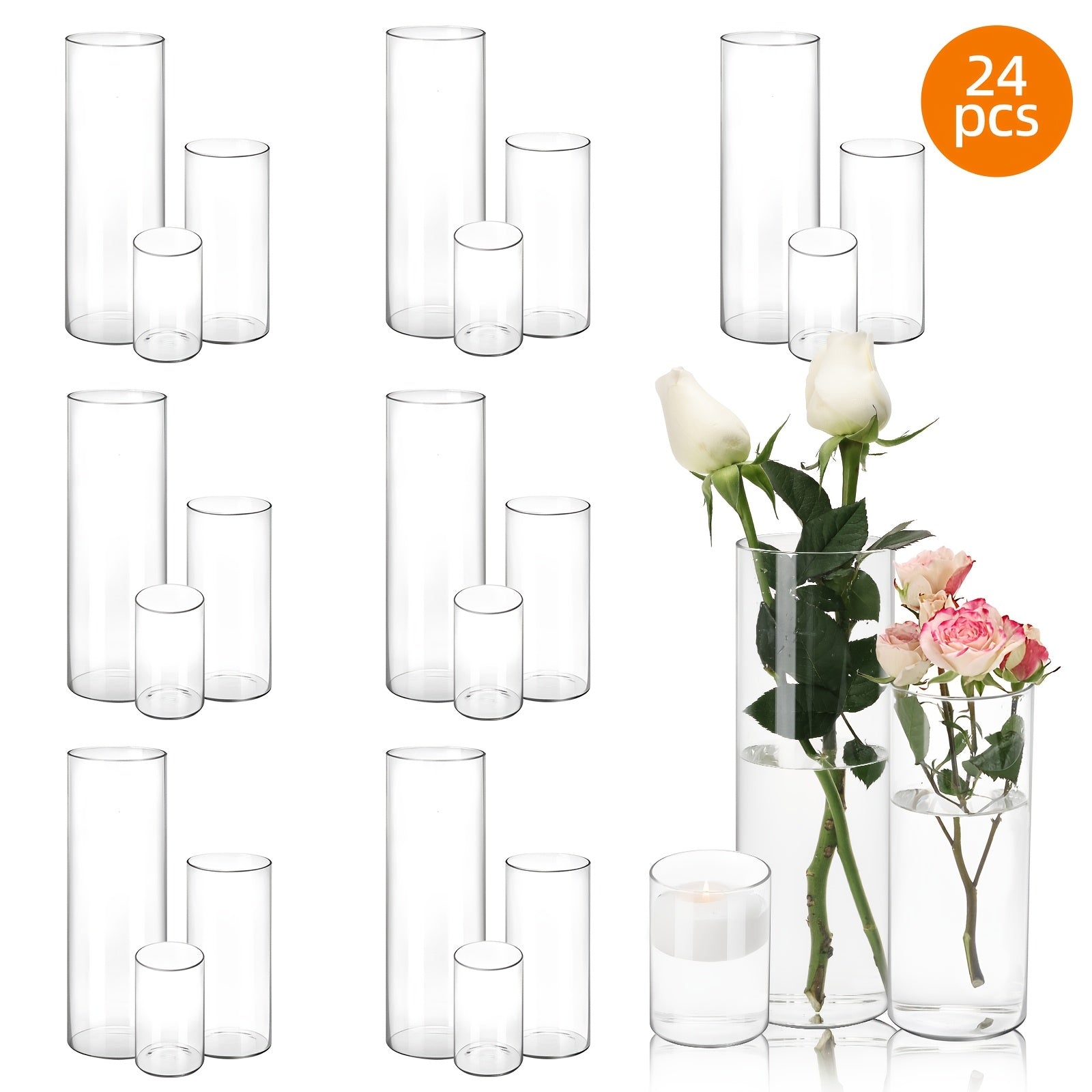 Glass Cylinder Vases 24 Pack Clear 4 8 12 Inch Tall Bulk Set for Wedding Centerpieces Floating Candle Holders Flower Vase DIY Candle Making Table Decor Home Decoration