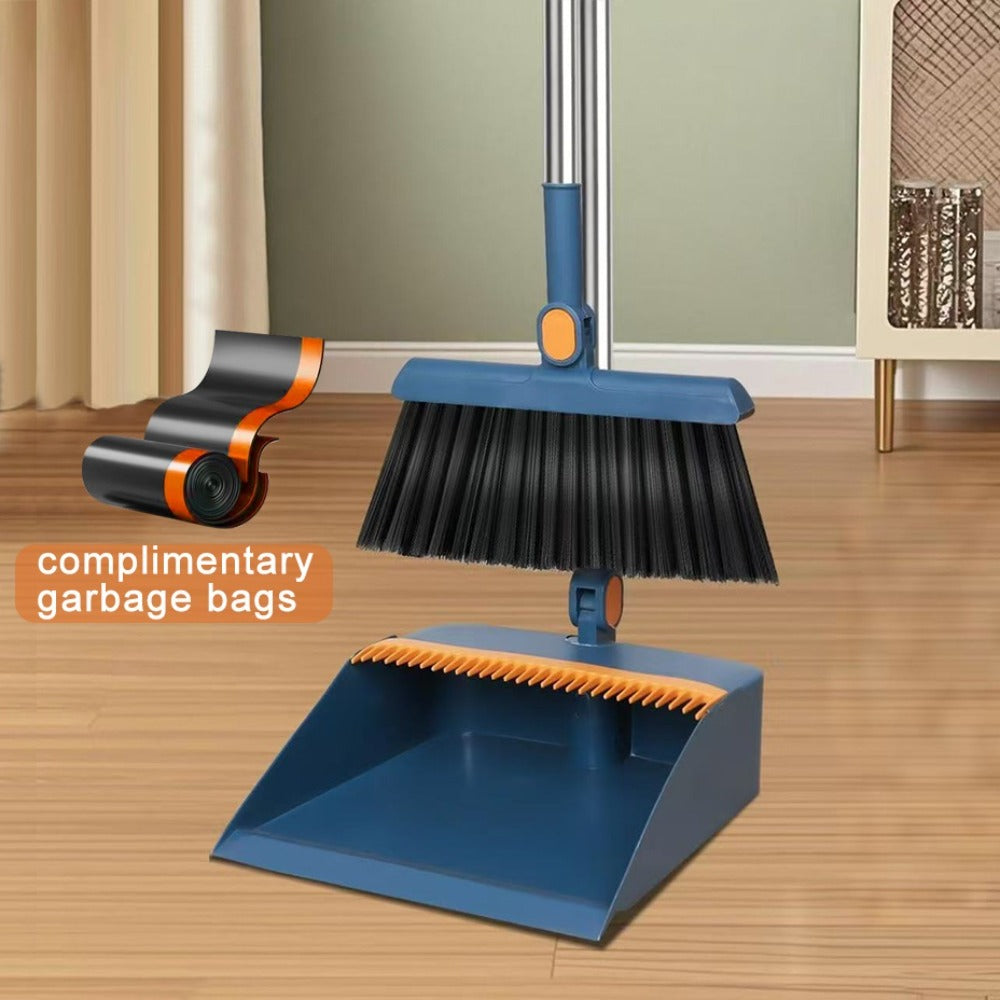 3-in-1 Magnetic Broom Dustpan and Garbage Bag Set Rotatable Foldable Soft Bristle Non-Stick Pet Hair Broom for Hard Floors Space Saving Living Room Bedroom Bathroom Outdoor White Orange