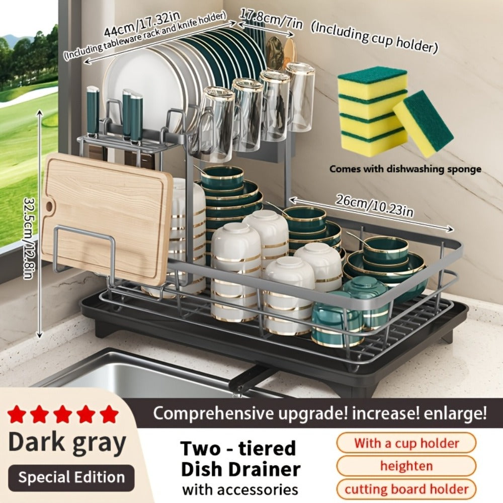 2-Tier Metal Dish Drying Rack with Cutlery Holder Cup Holder & Rust-Proof Drip Tray ¨C Space Saving Countertop Kitchen Organizer