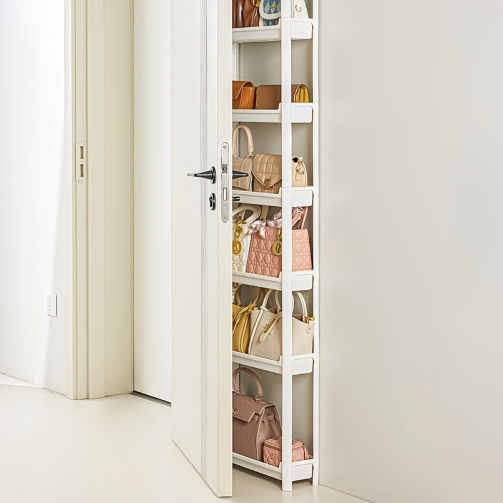 Behind Door Storage Rack, Multi-Layer Slim Organizer for Bathroom & Kitchen, Space Saving Over Door Shelf, Narrow Cabinet Rack with Fixed Hook, Plastic Stackable Storage