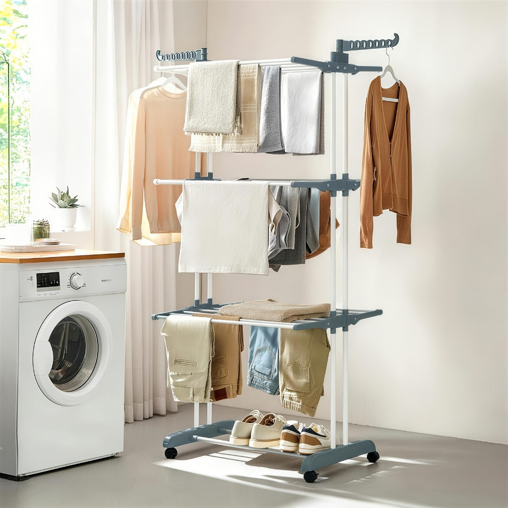 Clothes Drying Rack 4-Tier Foldable Metal Laundry Rack with Rolling Casters, Holds 30+ Garments, Adjustable Shelf Heights, Freestanding Collapsible Clothes Dryer Stand for Bedroom Bathroom Nursery Small Spaces