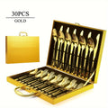 30pcs Golden Stainless Steel Flatware Set for 6 People Mirror Polish Knives Forks Spoons Silverware with Wooden Gift Box for Wedding Celebration Banquet Business Gift