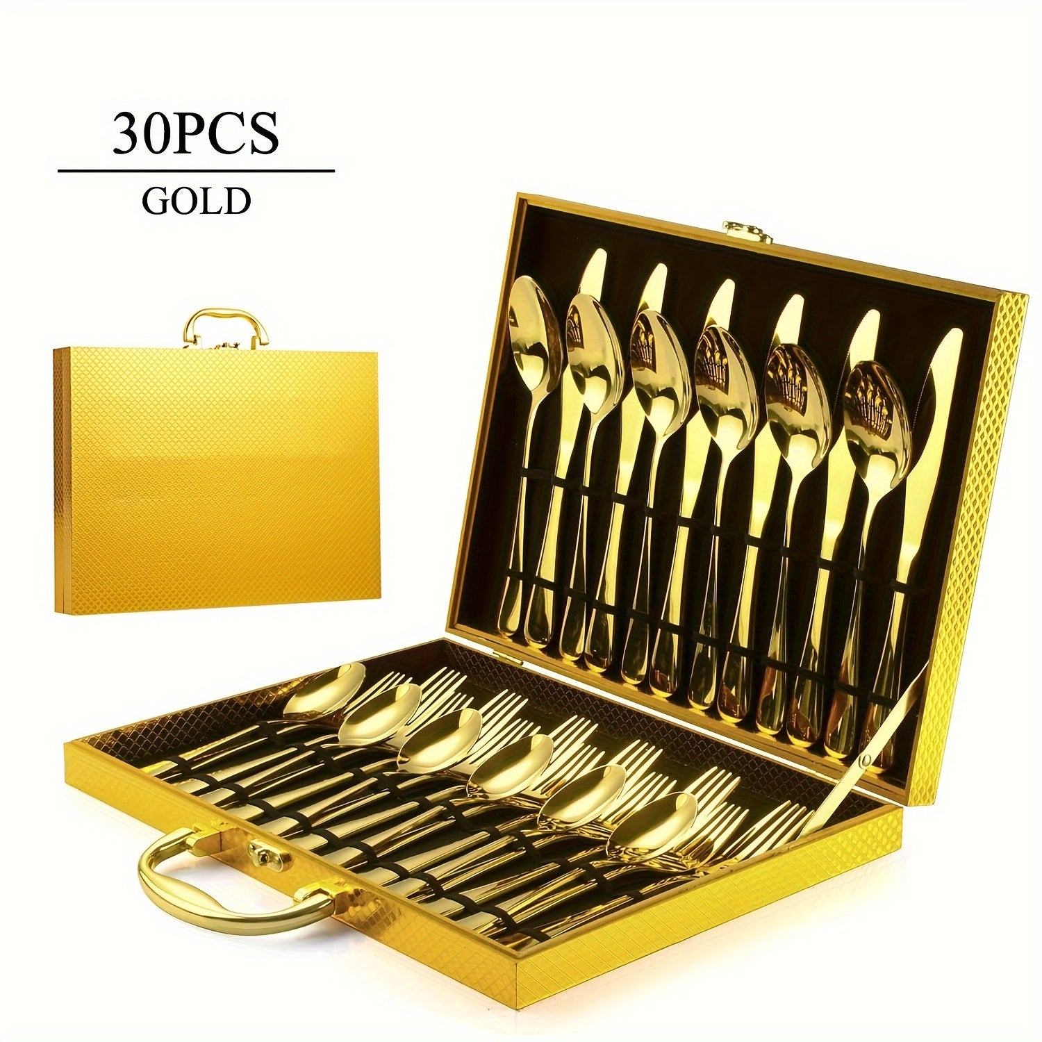 30pcs Golden Stainless Steel Flatware Set for 6 People Mirror Polish Knives Forks Spoons Silverware with Wooden Gift Box for Wedding Celebration Banquet Business Gift