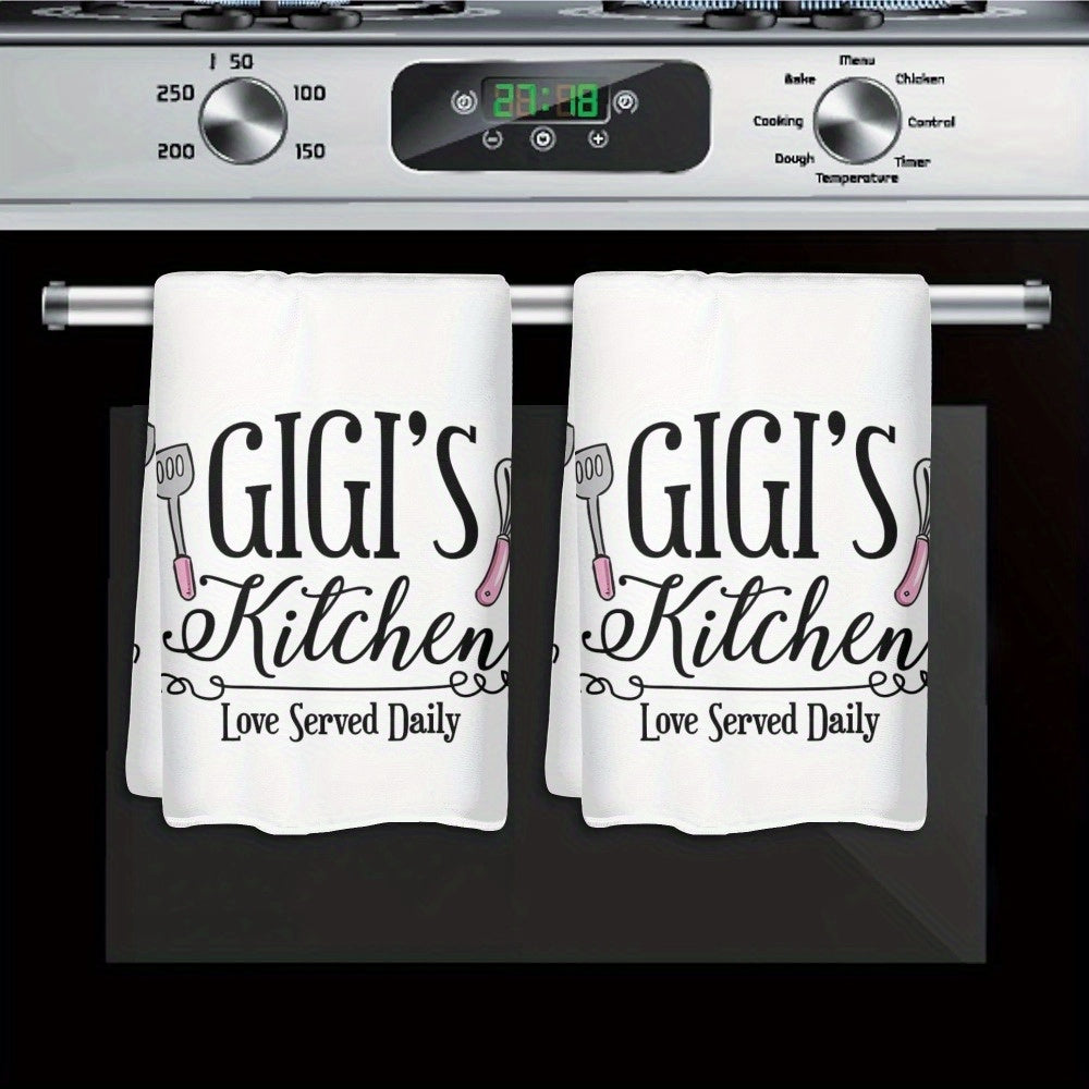 Kitchen Dish Towels 2 Pack 23.6x15.7 Inch - Decorative Hand Towels 370GSM Polyester Cartoon Utensil Graphic Love Served Daily Text Lightweight Soft Absorbent | Home Hotel Restaurant Kitchen Decor Gift